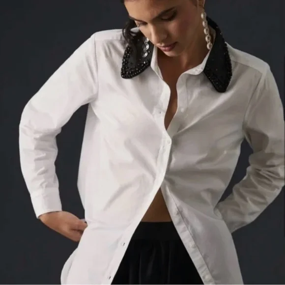 Anthropologie Maeve White Shirt with Black Sequin Collar - Picture 2 of 9